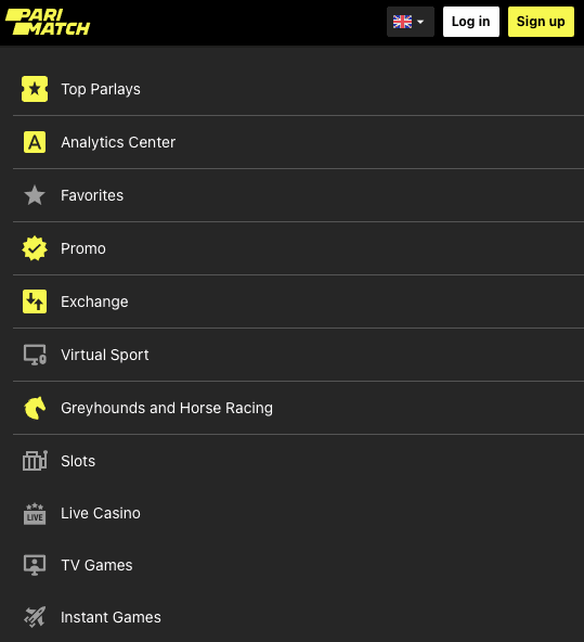 Parimatch app menu